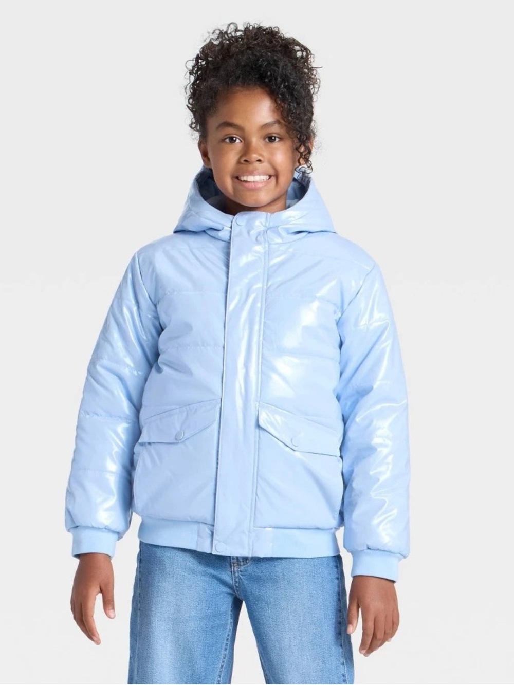 Girls' Hooded Puffer Jacket - Cat & Jack™ Light Blue XS